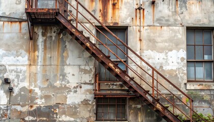 Rusted fire escape on weathered building exterior with decayed walls and windows. Urban architecture, aged structure, industrial texture, and abandoned city environment scene.