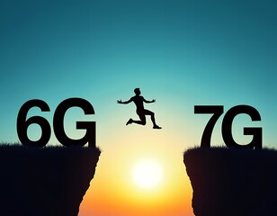 Silhouette person leaping across gap between 6 G and 7 G symbols at sunset technology