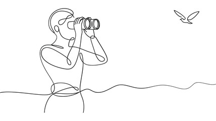 Minimalist line drawing of a person looking through binoculars at a bird in the sky