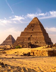 Ancient pyramids in desert landscape