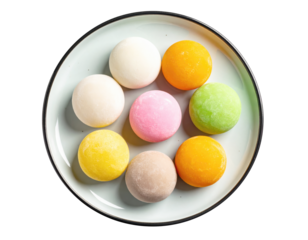 Colorful mochi assorted mochi Japanese dessert rice cake sweet treat pastel color round shape top view with joy and calm on white plate
