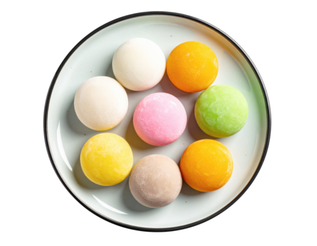 Colorful mochi assorted mochi Japanese dessert rice cake sweet treat pastel color round shape top view with joy and calm on white plate