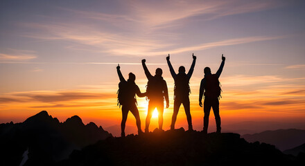 Silhouette of celebrating hikers on a mountain peak at sunset inspiring journey