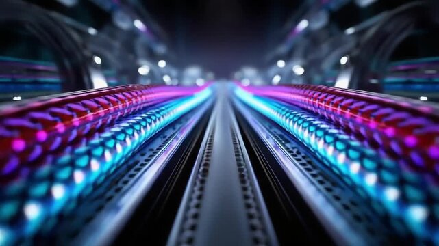 Inside a neon-lit futuristic tunnel or train line, blue and pink glow lines run along parallel tracks toward a distant vanishing point.