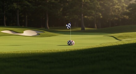 Obraz premium Golf Course Green with Checkered Flag and Ball Marker in Golden Hour Sunlight