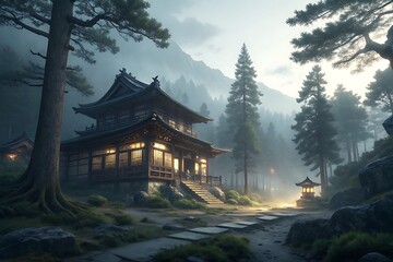 Fototapeta premium Discover traditional Japanese architecture nestled within a misty forest landscape offering tranquil serenity