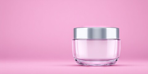 Transparent glass jar with silver lid, filled with cream, placed on soft pink background, showcasing beauty product packaging and modern design aesthetics