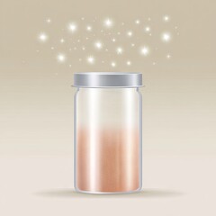 Transparent glass jar filled with shimmering powder, topped with a silver lid, surrounded by sparkling particles, creating a magical and enchanting atmosphere for creative projects