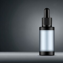 Black dropper bottle with clear label space, placed on a smooth surface, illuminated by soft light, showcasing product design and branding potential for cosmetic or pharmaceutical use