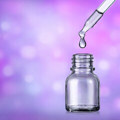 Clear glass dropper bottle with liquid being dripped from pipette against a vibrant purple and pink blurred background, showcasing beauty and skincare concepts