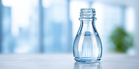Clear glass bottle filled with fresh water, placed on a smooth surface, with a blurred background of modern interior, showcasing hydration and wellness concept