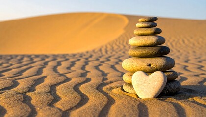 Balanced zen stone stack with a heart-shaped rock on rippled desert sand dunes.