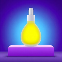 Bright yellow dropper bottle placed on a purple pedestal, illuminated by a soft blue background, showcasing modern design and vibrant colors for cosmetic or skincare products