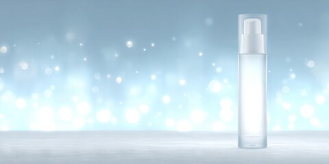 Clear glass cosmetic bottle with pump on a reflective surface, surrounded by soft bokeh lights, creating an elegant and serene atmosphere for beauty product display