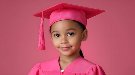 A young, cheerful child dressed in a pink graduation cap and gown, celebrating an educational milestone with a bright, proud expression.