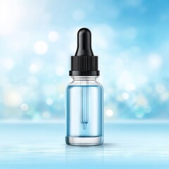 Transparent dropper bottle filled with blue liquid stands on reflective surface, surrounded by soft bokeh lights, creating a serene and calming atmosphere for beauty and wellness concepts