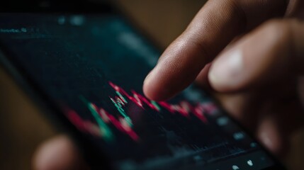 Detailed close up of a finger interacting with a financial trading chart on a smartphone highlighting red and green market data trends