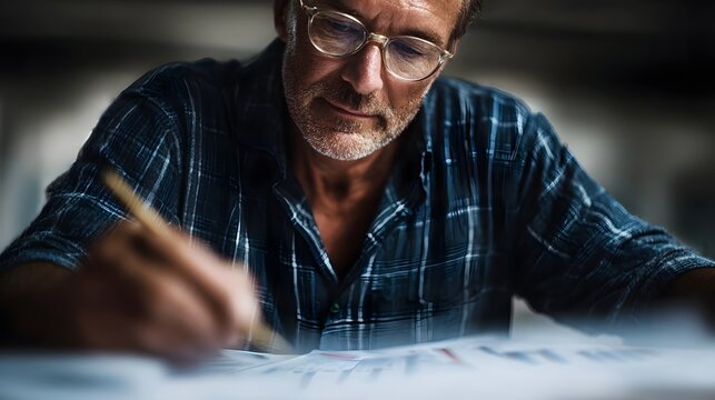 Senior man with glasses analyzing financial documents and graphs on a table with a pencil - Powered by Adobe