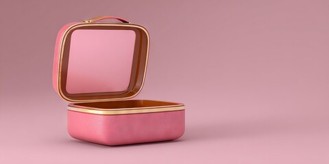 Elegant pink cosmetic case with a golden trim, open to reveal a smooth interior, set against a soft pink background, showcasing beauty and luxury in design