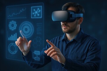 Man interacts with virtual data visualizations while wearing advanced virtual reality headset in a modern tech environment