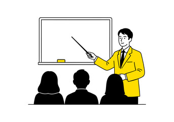 Vector illustration of a male teacher or business professional in a suit presenting with a pointer in front of a blank whiteboard, suitable for education, training, business, or seminar concepts