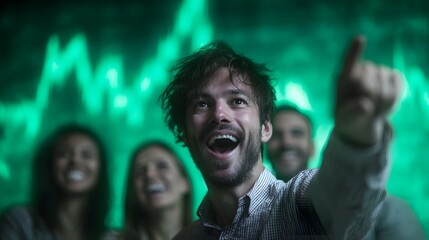 A joyous man enthusiastically points upwards sharing a moment of celeb n with a blurred group behind him illuminated by a vibrant green data graph on