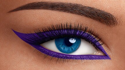 Close-up of a beautifully styled eye featuring vibrant purple eyeliner, long lashes, and striking blue iris, showcasing artistic makeup and beauty trends in a captivating manner