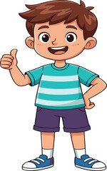 Smiling young boy giving thumbs up in casual outfit, confident pose, cheerful character design for children’s educational cartoon vector illustration