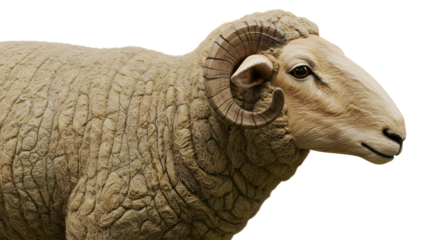 FARMING - Side view of a bighorn sheep with curved horns isolated on black background, perfect for wildlife and nature projects