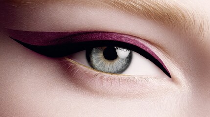 Close-up of a female eye showcasing bold makeup with striking eyeliner, vibrant colors, and intricate details, emphasizing beauty and artistry in cosmetic application