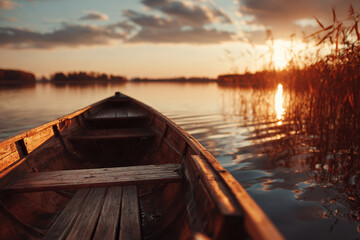 Wooden boat on calm lake at sunset golden hour nature scene