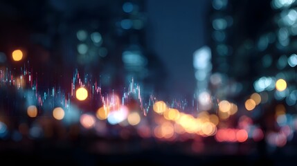 Financial market data displayed over a blurred urban city nightscape with bokeh lights