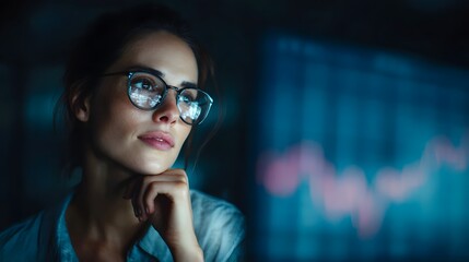 Woman in glasses intently studying a financial market graph on a computer screen at night