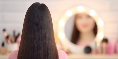 Young woman with long, straight hair is seated in front of a vanity mirror illuminated by lights, surrounded by various beauty products, showcasing a personal grooming routine