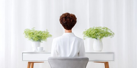 Woman with short curly hair, dressed in white blouse, seated at a minimalist desk with green plants, creating a serene workspace atmosphere for productivity and focus