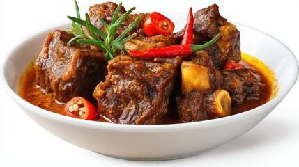 Hearty Beef Stew with Rosemary and Chili Peppers on White