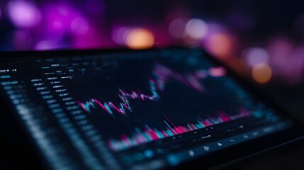 Digital financial trading chart on a modern tablet with a vibrant bokeh background