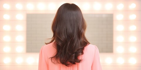 Woman with long, wavy hair is standing in front of a bright vanity mirror, illuminated by soft lights, creating a glamorous and inviting atmosphere for beauty routines