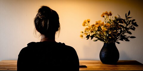 Woman with dark hair, seated at a wooden table, gazing at a vase of yellow flowers, creating a serene atmosphere with soft lighting and natural elements