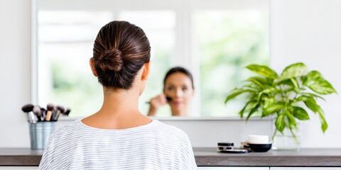 Woman with brown hair in a bun is applying makeup in front of a mirror, surrounded by beauty products and a green plant, creating a serene and stylish atmosphere