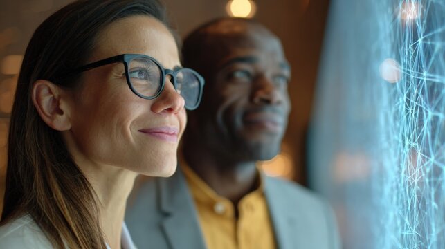 Two businesspeople are looking with interest at a futuristic screen displaying a complex network of connections, representing artificial intelligence data analysis and processing - Powered by Adobe