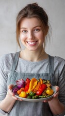 Smiling Woman Presenting Plate of Grilled Vegetables, Neutral Background