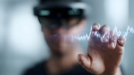 A person uses augmented reality glasses to interact with a futuristic financial data graph