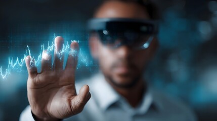 Man wearing augmented reality glasses interacts with a glowing digital market graph