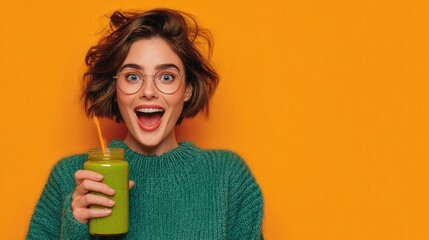 Excited Woman with Green Smoothie. Healthy Lifestyle and Nutrition