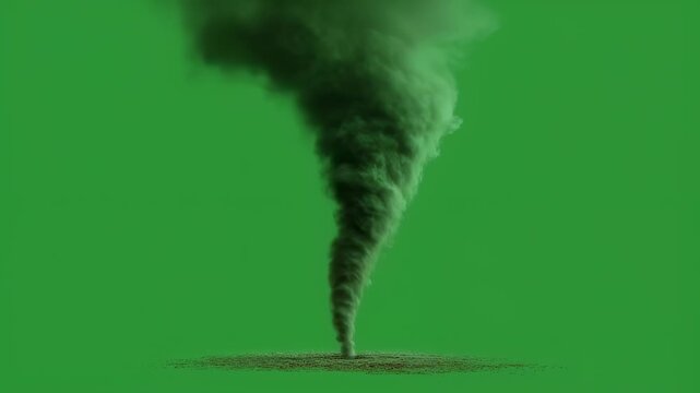 Isolated spinning dust vortex mini tornado on bright green background designed for seamless keying in visual simulations of wind and desert storm conditions.