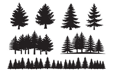 Fototapeta premium Collection of silhouetted pine trees in various sizes and arrangements for nature scenes white background