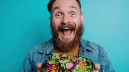 Bearded Man with Bowl of Salad, Healthy Lifestyle, Blue Background
