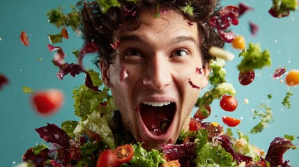 Excited Man Covered in Salad: Fresh, Healthy Eating Concept