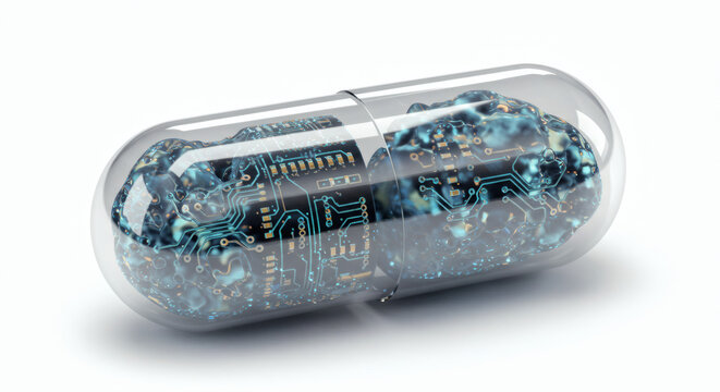 Innovative capsule containing advanced microchip technology symbolizing future medical advancements and digital integration - Powered by Adobe